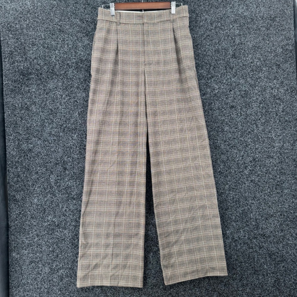Zara Brown Plaid Wide Leg Pleated Trousers High Waisted Dress Pants Small 26